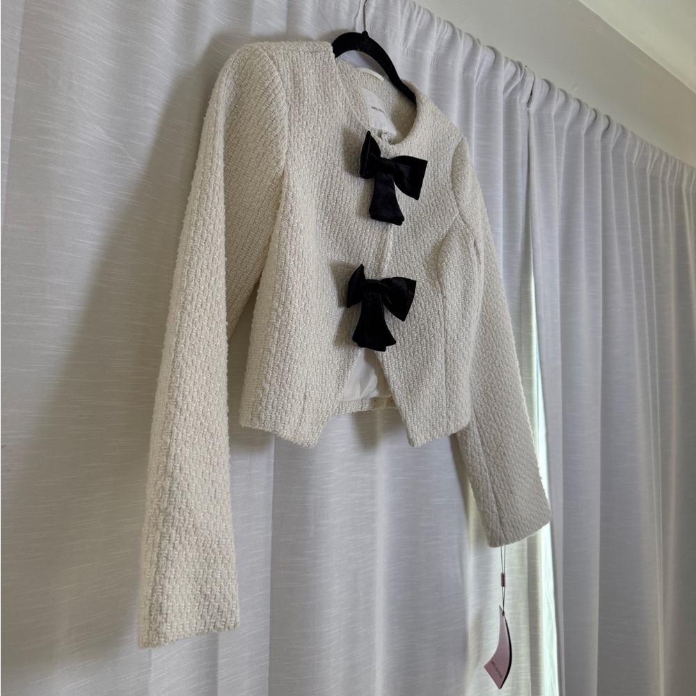 Avec Les Filles Cream Tweed Jacket Bow Detail Cropped Blazer | NWT Size XS - Picture 9 of 16